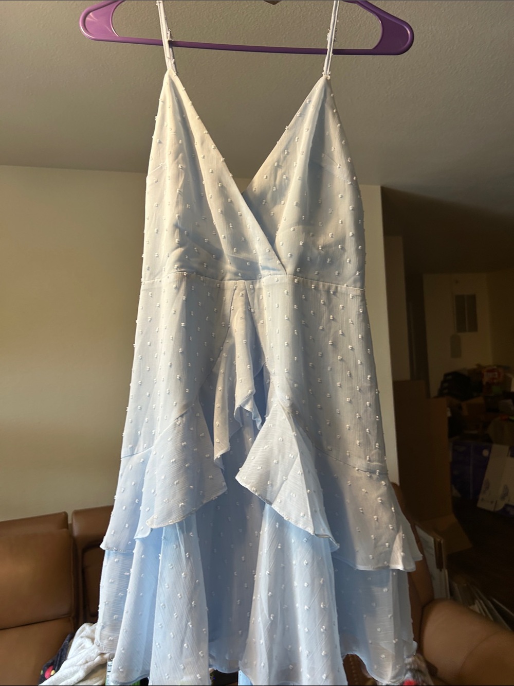 Hello Molly Light Blue Swiss Dot Ruffle Midi Dress